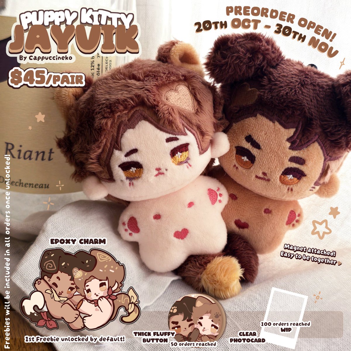 cappuccinekoo's tweet photo. Jayvik Puppy Kitty plushies are open for PO!
🔗 below
If you're wanting to host a GO let me know so I can help spread the word 💕

I will be away for a bit but don't hesitate to ask me anything 🫰
More details are on the PO site https://t.co/ib9xXcr8Ic
