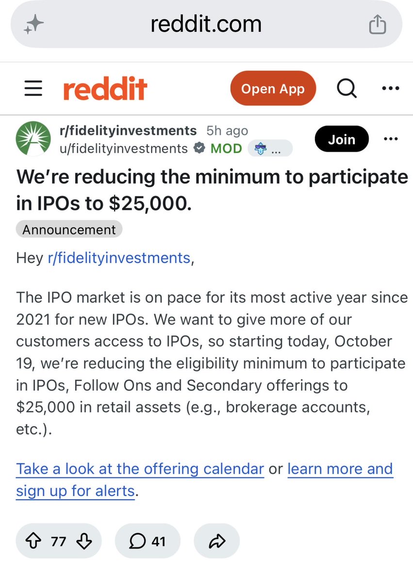 AccessIPOs's tweet photo. Fidelity is lowering the minimum eligibility for IPO investing to $25,000.

“The IPO market is on pace for its most active year since 2021 for new IPOs.” https://t.co/honvcEAHZ3
