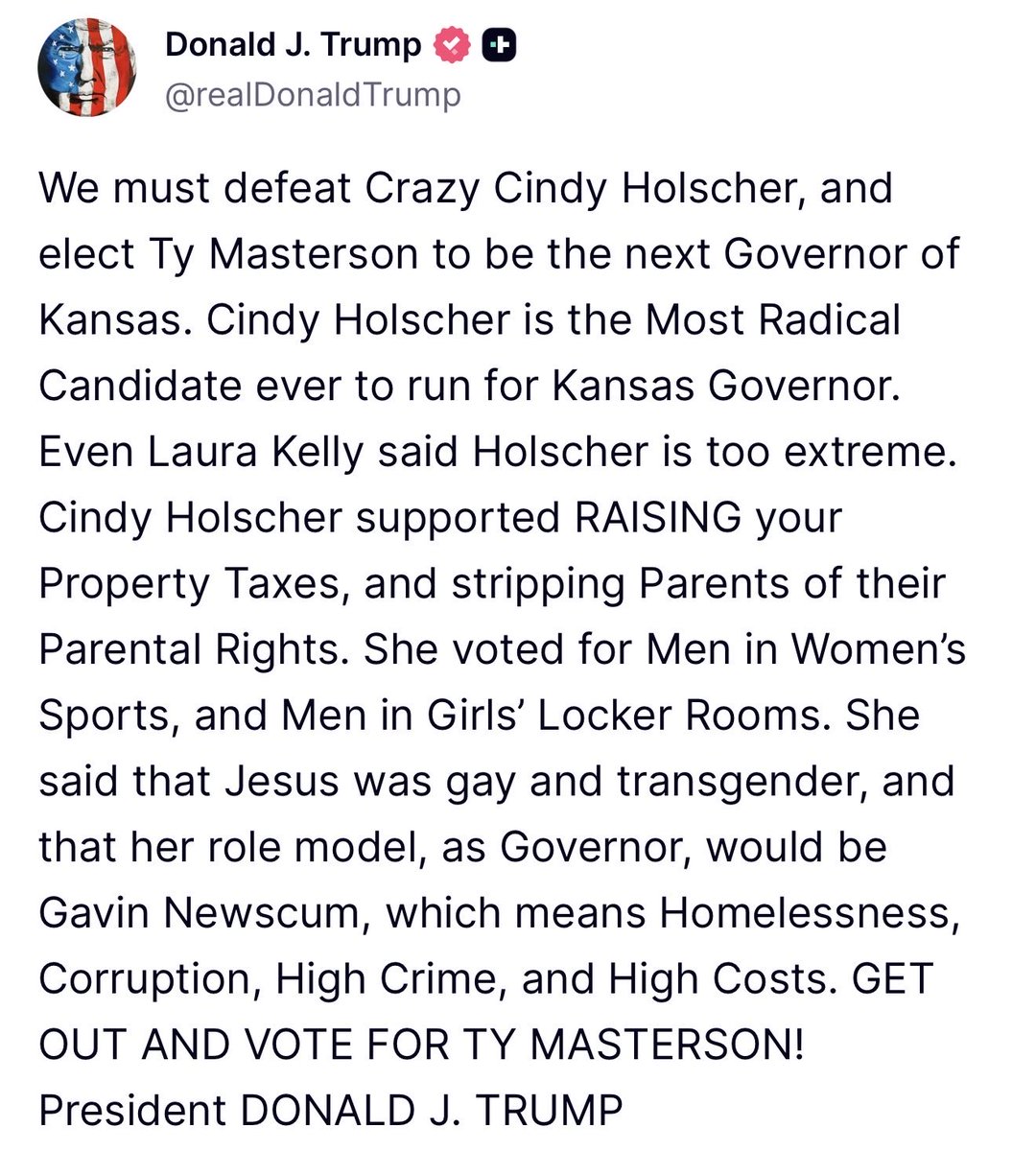 GuntherEagleman's tweet photo. 🚨 WOW: Kansas Democrat Cindy Holscher once posted, "I have no idea if Jesus was TRANS, gay, straight, etc."

She wrote that in 2023 while fighting a bill to keep drag shows away from kids.

Even Democrat Governor Laura Kelly said Holscher had "positioned herself so far to the left" that she'd have a hard time winning.

That same year, Kansas Democrats voted against protecting GIRLS' SPORTS.

President Trump says Ty Masterson is the man for Kansas.

Kansas, get out and VOTE for Ty Masterson.