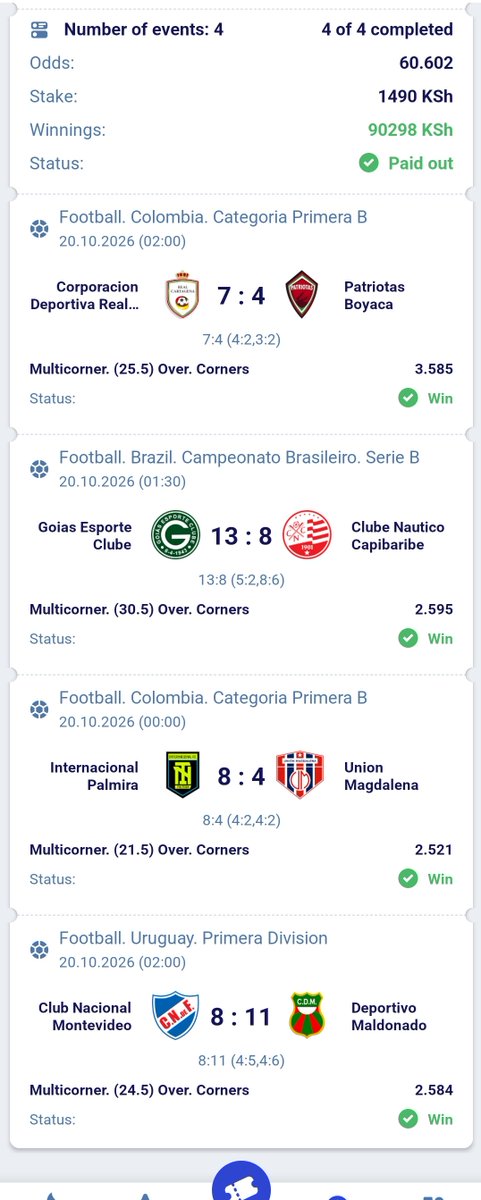 Vic_palmer's tweet photo. KABOOOOOM🥳🥳🥳🥳🥳✅✅✅60 ODDS MULTICORNERS DONE AND DUSTED🥳🥳 CONGRATULATIONS👏👏👏👏MORE WINS🥳🥳✅✅✅ https://t.co/LN4kMfPBIP