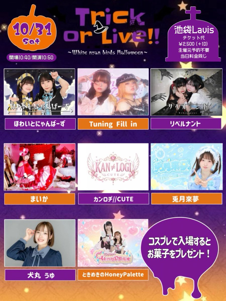 kankaku_logic's tweet photo. 【LIVE情報】
『Trick or Live!!〜White nyan birds Halloween〜』
日程：2026年10月31日(土)
会場：池袋Lavis
料金：2,500円+1D(600円) 当日料金同じ
出番：12:20～12:40
物販：13:50～14:10
来場報告 https://t.co/WnRAHKgN1V
メンバー CUTE
衣装 仮装🎃🦇🕸
----------------
10/31 1本目はCUTEです⚡️この日のCUTEメンバーは🐰🔗🐯になります🎀
ハロウィン仮装で出演、何を着るのかお楽しみに〜🌈
2本目がある為、物販早閉めになります🙇‍♂️