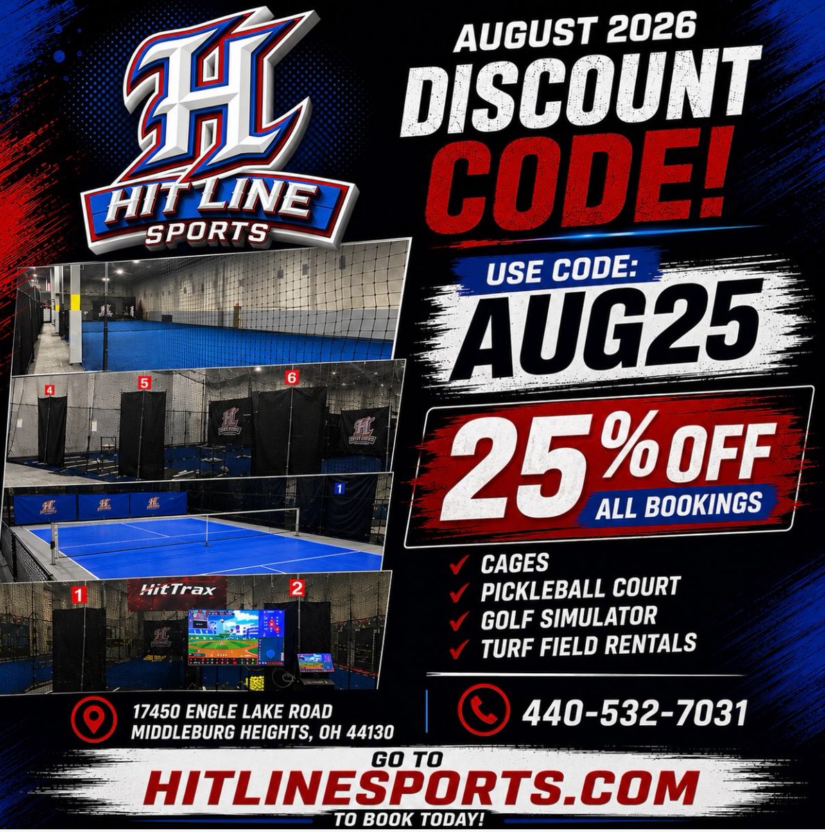 fukudashotzi's tweet photo. August Special! Use code AUG25 for all rentals through the end of August: batting cages, turf fields, pickleball courts, and golf simulators. Visit hitlinesports. com to book today and save! https://t.co/FiehwwNLHj