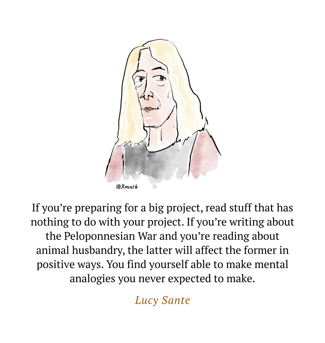 rmnth's tweet photo. Read stuff that has nothing to do with your project.. you find yourself able to make mental analogies you never expected to make.
~ Lucy Sante 

#writingtips https://t.co/qTu4RASwNr