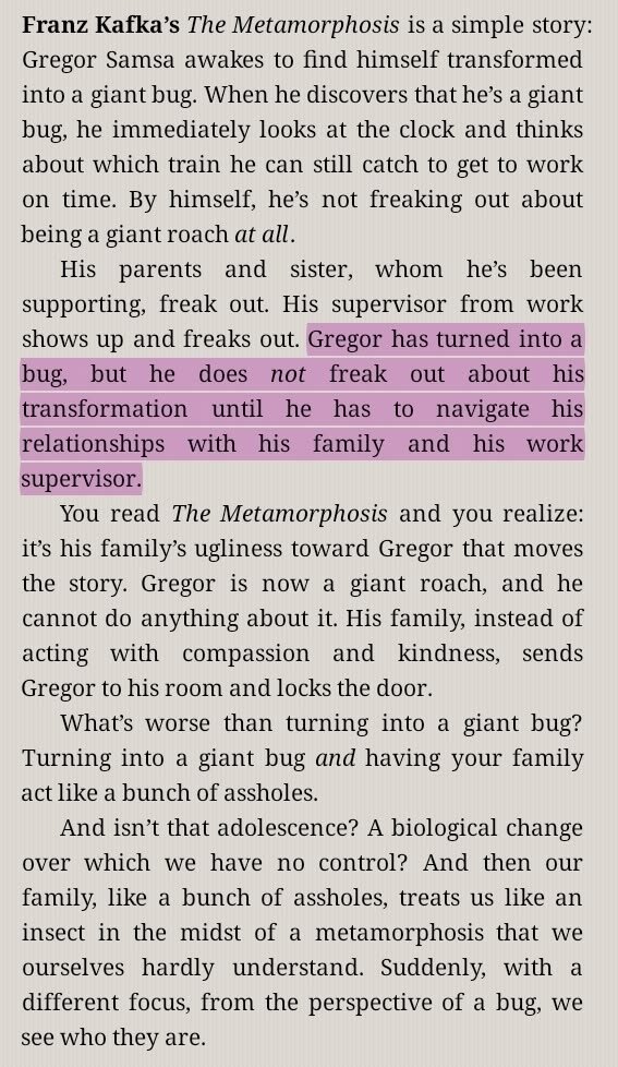 Humanoholic's tweet photo. 11/10 traumatic experience.

Finishing "The Metamorphosis" by Kafka and realizing your worth to people is just a direct reflection of your utility to them. The minute you stop providing, you're just a burden. https://t.co/5gkKRegZ08