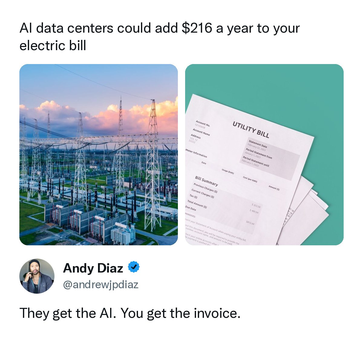 gomesjuana7rs's tweet photo. Your electric bill could rise by up to $216 a year because of AI data centers. Utilities are passing grid-upgrade costs on to households, while Congress considers protecting families from paying Big Tech’s power bill. Should they pay? https://t.co/x4oAo8TYQm