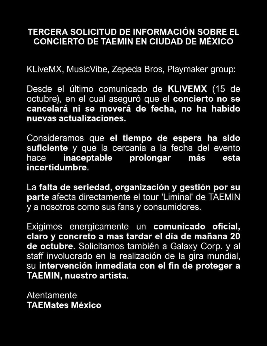 elygomita18's tweet photo. Ya han pasado 3 días desde su “comunicado”, 6 días desde el anuncio de cambio de recinto y siguen las fans esperando por confirmación del lugar a tan solo 12 días del concierto…

@ZepedaBros
@Tixr_
@AtencionProfeco
@Profeco

#RespectTAEMates 
#Claridad_Liminal_TAEMIN_CDMX https://t.co/4XSEEepvDb