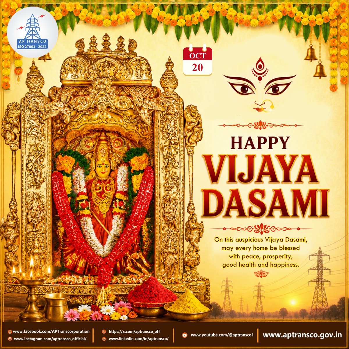 aptransco_off's tweet photo. On this auspicious occasion of Vijaya Dasami, APTRANSCO extends heartfelt greetings to everyone. May the divine blessings of Goddess Durga bring boundless peace, prosperity, good health, and success into every household. https://t.co/nmjyxp5MI9