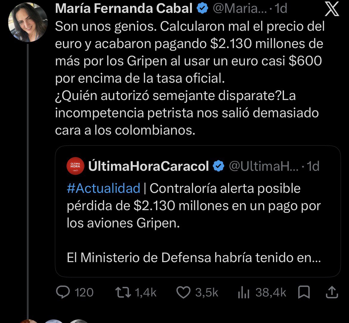 MariaFdaCabal's tweet photo. Gustavo: hay que leer. La nota es de Caracol Radio y recoge una alerta de la Contraloría sobre una posible pérdida de $2.130 millones en un pago por los aviones Gripen. La irregularidad señalada por el ente de control es concreta: usaron una tasa de cambio superior a la vigente. El medio la puso en evidencia. No me use de excusa para evadir lo evidente