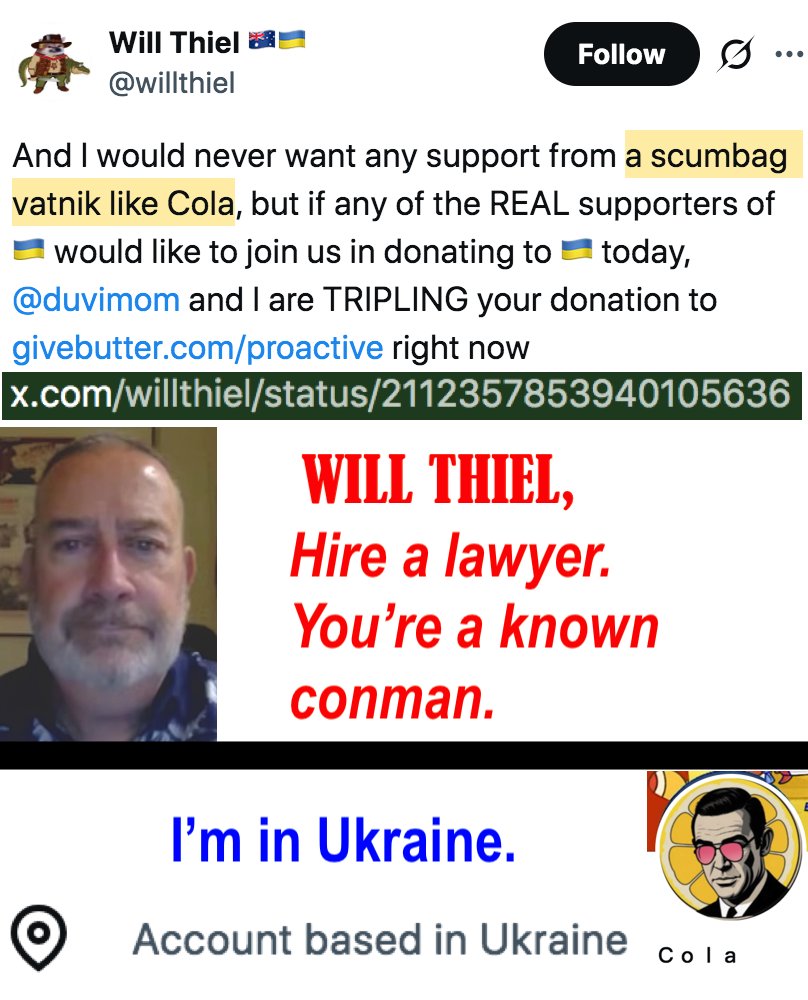 CoolColaCat's tweet photo. • Cola: ~5 years in the #Ukraine war.
• @willthiel = known online scammer.

You'll get the chance to prove your statement. https://t.co/72v0UXkmcN