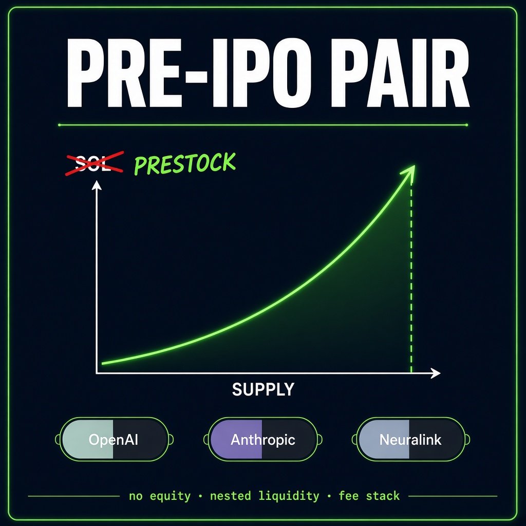 Dev_Great_dev's tweet photo. https://t.co/3TespxWOZQ just let you launch a memecoin priced in OpenAI / Anthropic / Neuralink PreStocks.

that's not "owning" OpenAI. it's a synthetic quote asset on a bonding curve.

if the pair is meme ↔ PreStock, you're stacking two volatility sources + fee drag.

builders: are you underwriting the meme, the private-company narrative, or just a new way to lose on nested liquidity?