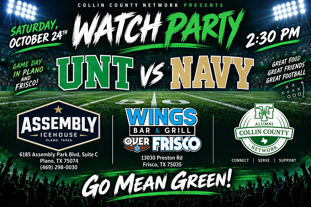 CollinUnt's tweet photo. Come out and watch the Mean Green of UNT take on the Navy Midshipmen. Kickoff is at 2:30pm this Saturday, October 24th. Collin County watch party locations include Wings Over Frisco (across from UNT Frisco) and Assembly Icehouse in Plano. #gomeangreen #untalumniππ¦
π https://t.co/p18YLw6wk2