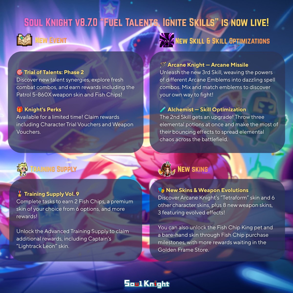 ChillyRoom's tweet photo. ⚔️ Soul Knight | v8.7.0 is LIVE!
New talents awaken, arcane missiles fly.
Evolve your weapons and reach new heights.
Mix your powers, master your fight.
The dungeon awaits—ignite the night! 🔥
Download

Google Play🤖: https://t.co/O1FFGkLErr
App Store🍎: https://t.co/slR3xywSI3
#soulknight #chillyroom #roguelike