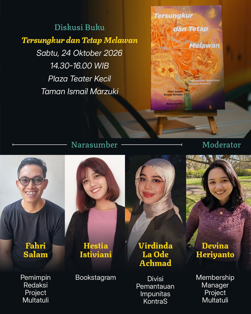 projectm_org's tweet photo. Buat kawan-kawan yang belum sempat ikut diskusi bedah buku “Tersungkur dan Tetap Melawan”, silakan meluncur. 

Akhir pekan ini, Sabtu, 24 Oktober 2026. 📖 https://t.co/4aDIrpPTds