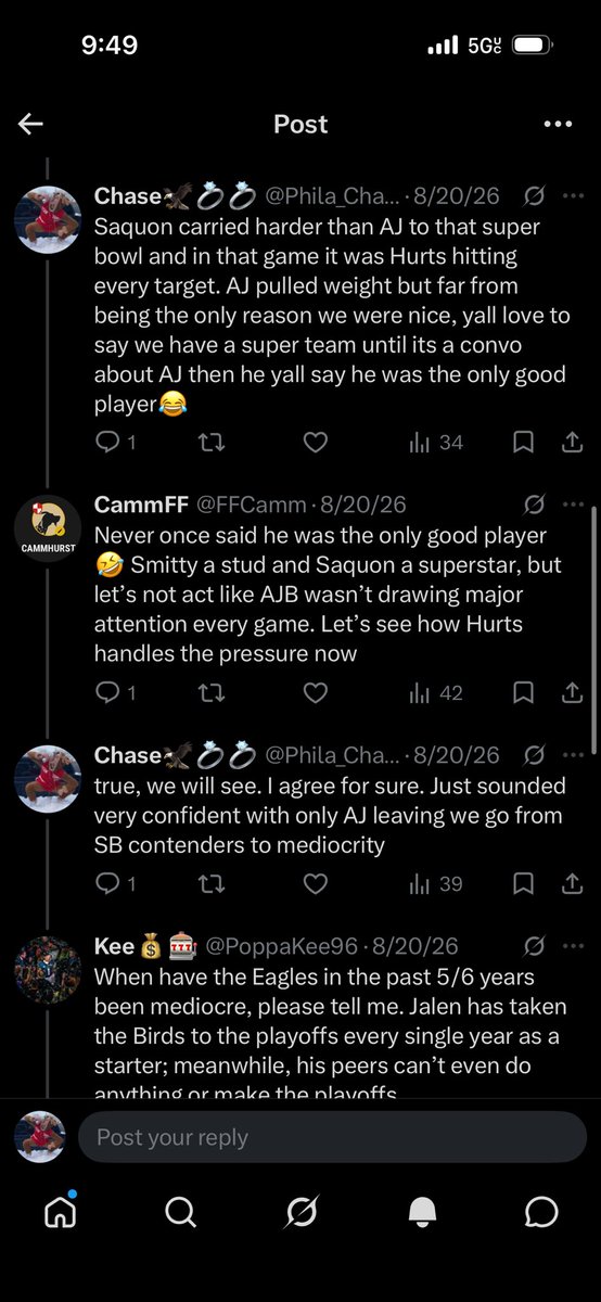 Phila_Chase's tweet photo. @FFCamm @PoppaKee96 @UnderdogNFL @MrUram what energy are you referring to? Just cause I said he wasnt the ONLY reason we won the super bowl you are upset about that take? and please bring up any tweet that I laughed about AJ’s injury, Im just calling you out for sounding like an ignorant asshole. I gave AJ credit https://t.co/TvcPHUiO0r