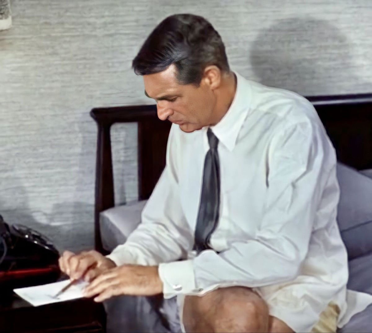 TimeMachineHQ's tweet photo. Even half dressed, he's still a class act! #CaryGrant in "North by Northwest", 1959.📽️🎬 https://t.co/t5wxxhgWnb