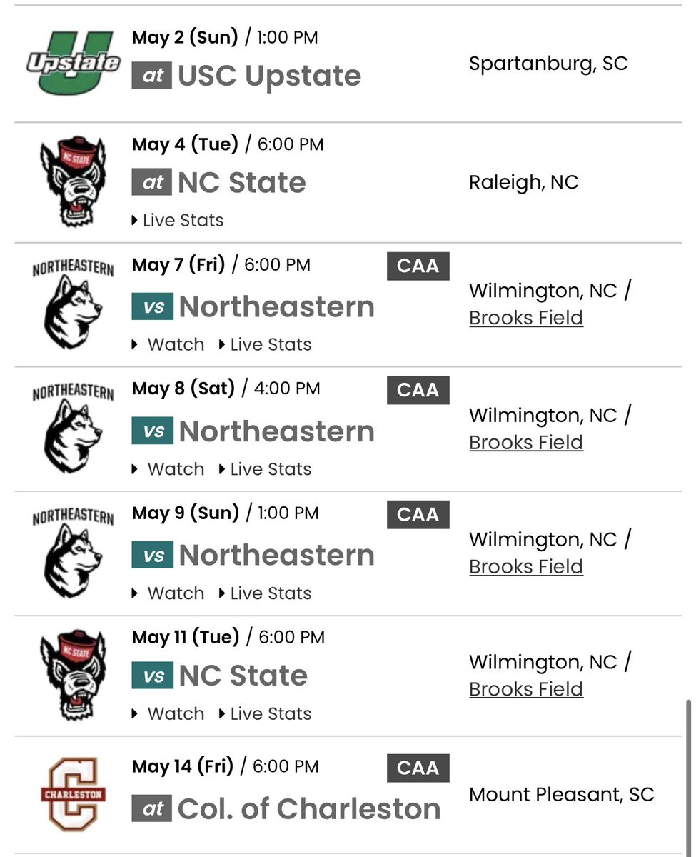 TheSeahawkPerch's tweet photo. The schedule was just corrected — the Tuesday after the Northeastern series is actually a home game vs. NC State. https://t.co/vRFpuNin4O