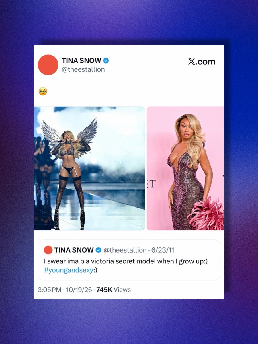 PopBase's tweet photo. Megan Thee Stallion reacts to her younger self manifesting becoming a Victoria’s Secret model following her performance at their Fashion Show. https://t.co/bCj5yGOSio