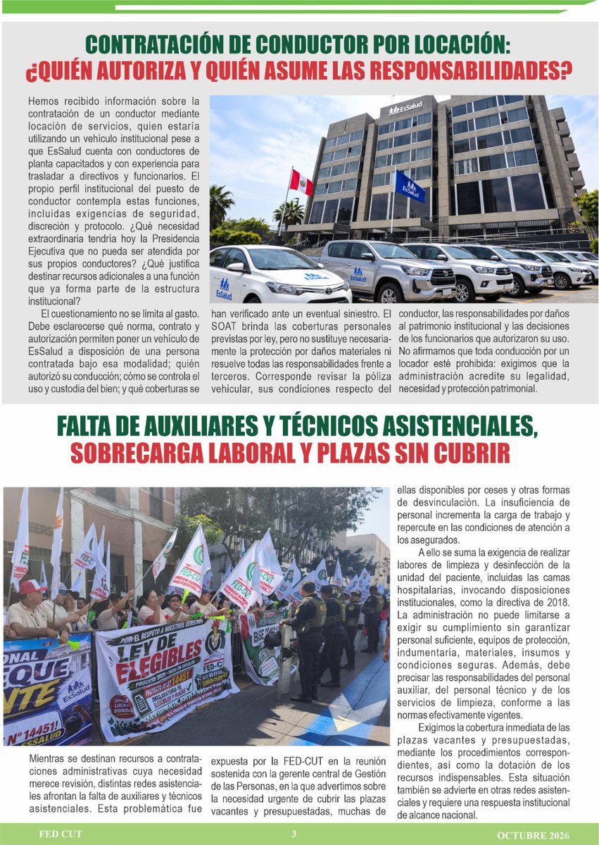 FedCut's tweet photo. 🚨 ¡LOS CAMBIOS SE DEMUESTRAN CON HECHOS, NO CON PROMESAS! ✊🔴
​Compartimos el Informativo CUT N° 17. Exigimos a la Alta Dirección de EsSalud transparencia, austeridad real y fin a las contrataciones cuestionadas.  
​¡Basta de sobrecarga laboral y plazas desatendidas en las rede https://t.co/pLImUyU34X