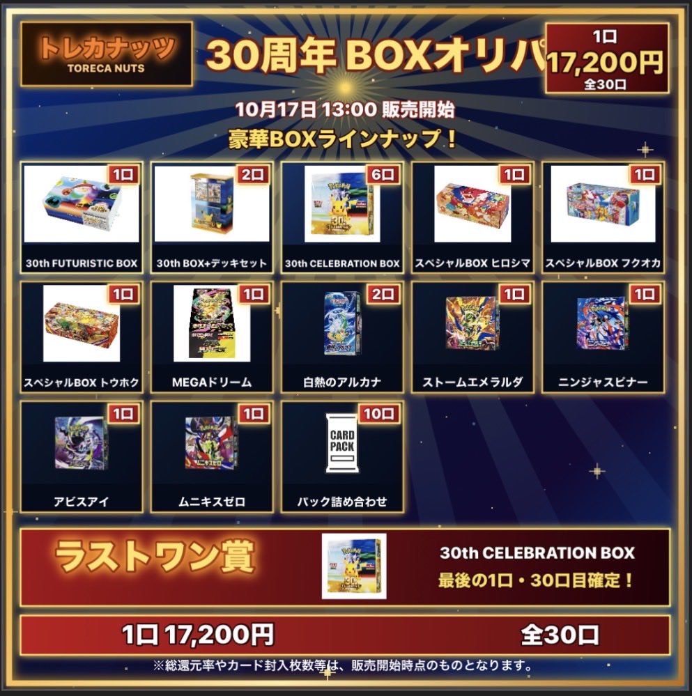 toreca_nuts's tweet photo. おはようございます🙌
本日11:00〜 OPEN🔥
昨日の御三家BOXの開封が想定以上の反響をいただき、近々また社長と一緒に何か剥くかもしれません。

17日始めたBOXオリパ数日休んで今日からまた販売します！
1口 17,200円
1/3で30周年関連商品🔥
1/3で何かのBOX✨
1/3でパック詰め合わせ💡

ぜひ遊びに来てください🙌

#トレカナッツ #東北 #宮城 #仙台 #国分町 #未開封BOX #トレカ #TCG #PSA10 #カード #ポケモン #Pokémon