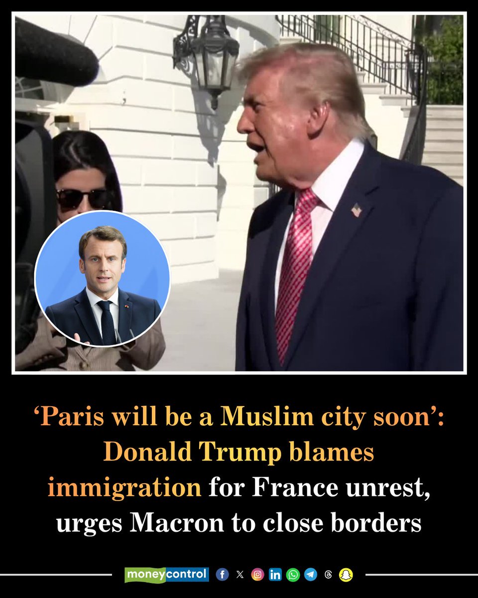moneycontrolcom's tweet photo. #WATCH | 🚨 US President Donald Trump has blamed immigration for the recent protests and violence in France, urging French President Emmanuel Macron to tighten border controls and warning that Europe could face serious consequences if it fails to curb illegal immigration.

“You’re letting everybody from the world come in. The whole world was coming in, and as you know, Paris is going to be a Muslim city very soon, and that wasn’t the deal,” Trump told reporters.

"Paris is going to be a Muslim city very soon," the 80-year-old Republican added.