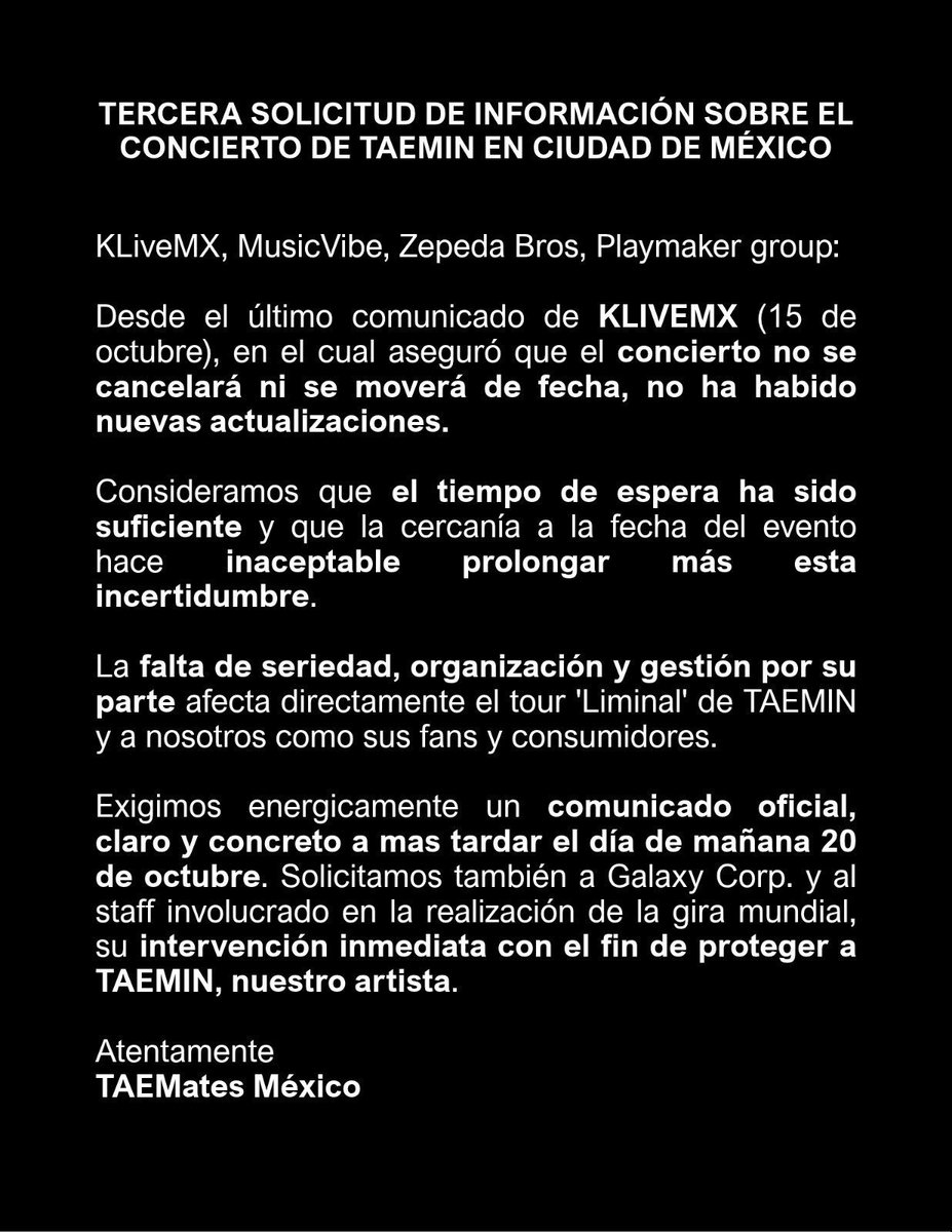binwoobren's tweet photo. Y seguimos esperando que nos avisen...hay gentr que viaja a México, gente que viene de otras ciudades y de otros países, tengan respeto 
@ZepedaBros @AtencionProfeco @Profeco

#NeedAnswersNow_Liminal_CDMX #RespectTAEMates #Claridad_Liminal_TAEMIN_CDMX https://t.co/O8dDpLYKT0