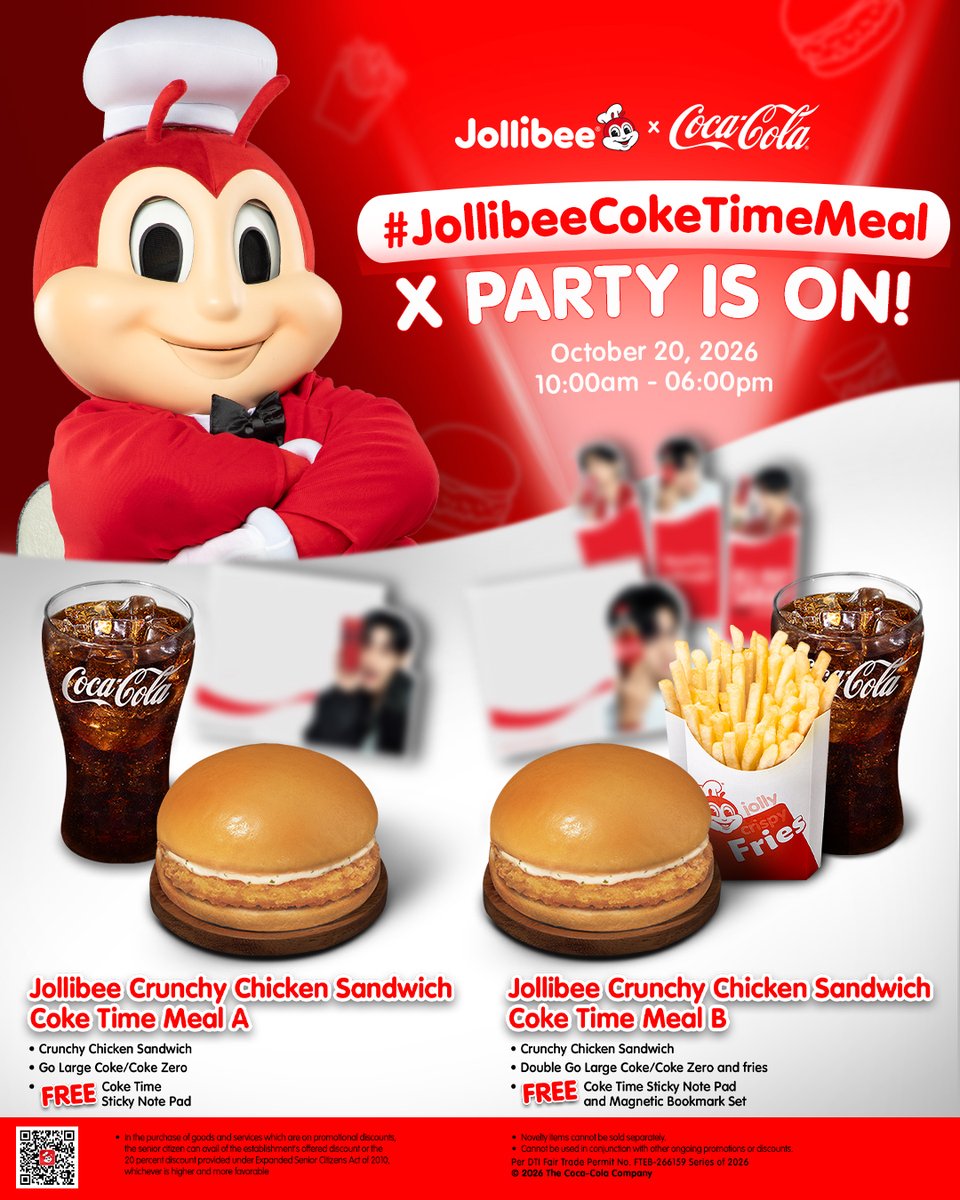 Jollibee's tweet photo. Today’s the day for what? #JollibeeCokeTimeMeal X Party! 🎉💜

Let’s make some noise! 📣 Keep your tweets coming with our official hashtag, #JollibeeCokeTimeMeal! 👇 https://t.co/LUyWw25suX