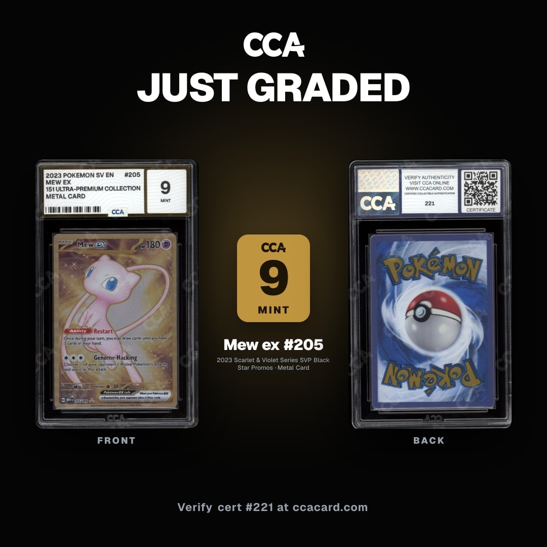 CCACertTracker's tweet photo. 2023 Pokemon SVP Black Star Promos Mew ex #205 Metal Card CCA 9 Mint
Subs: 10 / 9.5 / 9 / 9

Cert: https://t.co/D19JgL5Tre
Start a submission: https://t.co/RZmjELVoQv

#Mew #Pokemon #PokemonTCG #CCACard #PokemonCollector #PokemonCollection #GradedCards #TradingCards #MewEx https://t.co/pQytksz5BJ