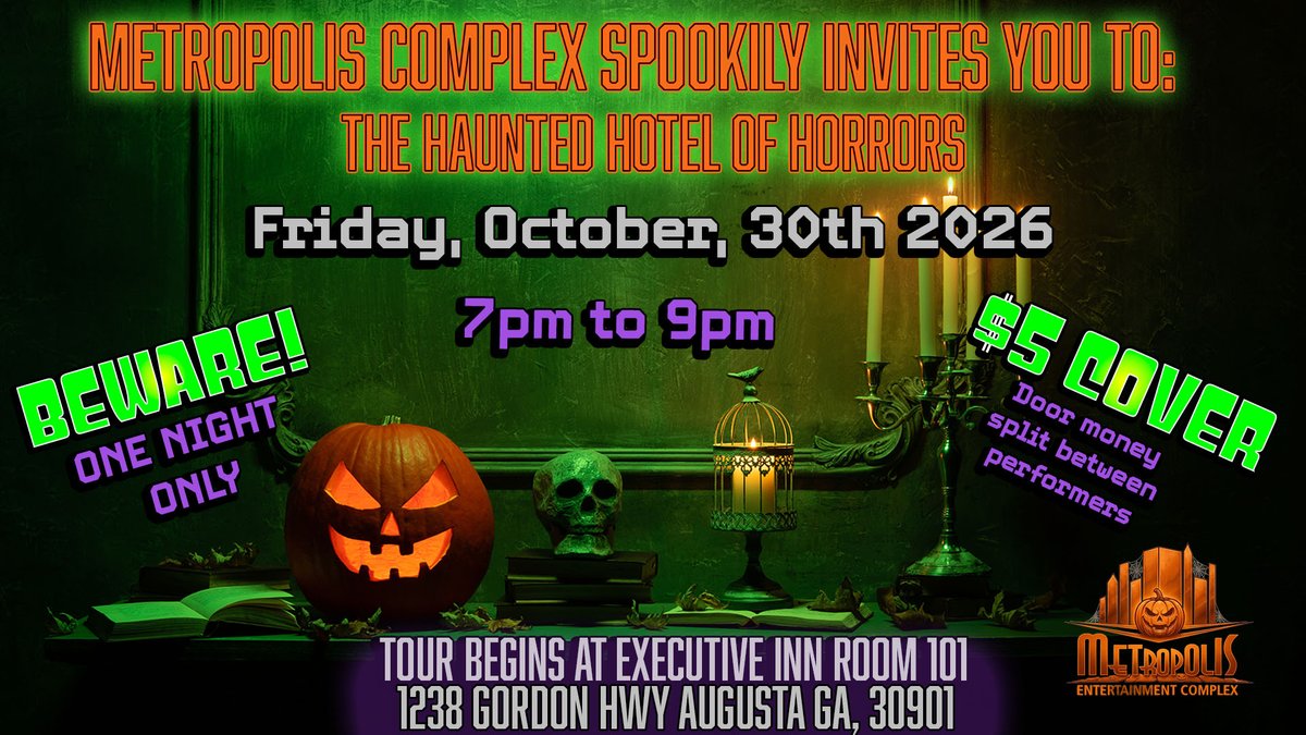 MetropolisAug's tweet photo. 👻HAUNTED HOTEL OF HORRORS🎃

Judy &amp; Carla’s 2nd Annual Hotel of Horrors is coming Friday, Oct. 30!💀 Haunted hotel rooms, 2 terrifying outdoor walkthroughs &amp; scary characters! Only $5 at the door, with proceeds going to the performers. Come if you dare!🕷️

#HalloweenInAugusta 🏳️‍🌈 https://t.co/hUocBekSdM