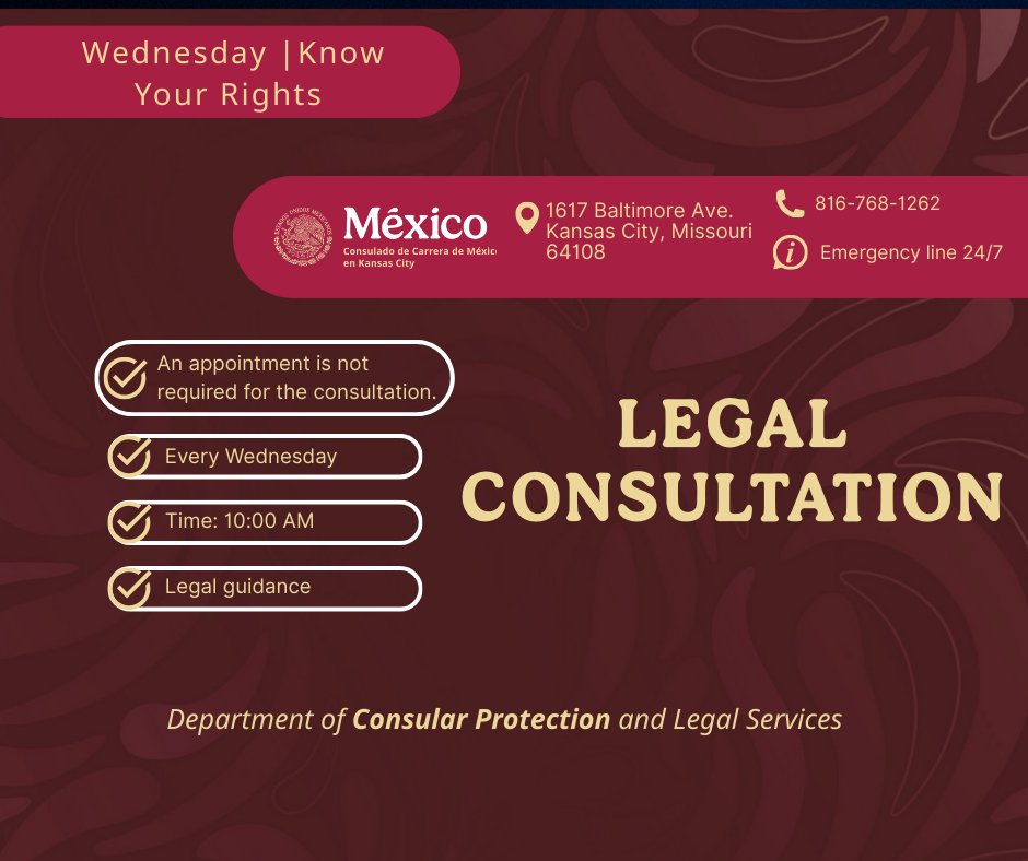 ConsulMexKan's tweet photo. ⚖️ ¿Necesitas orientación legal?

✅ Asesoría gratuita
✅ Sin cita previa

📅 Miércoles | 🕙 10 a.m.
📍 Consulado de México en Kansas City
Infórmate, conoce tus derechos y recibe orientación confiable. https://t.co/JDa0sthS4X