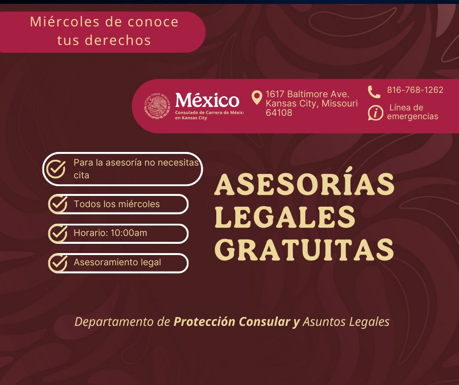ConsulMexKan's tweet photo. ⚖️ ¿Necesitas orientación legal?

✅ Asesoría gratuita
✅ Sin cita previa

📅 Miércoles | 🕙 10 a.m.
📍 Consulado de México en Kansas City
Infórmate, conoce tus derechos y recibe orientación confiable. https://t.co/JDa0sthS4X