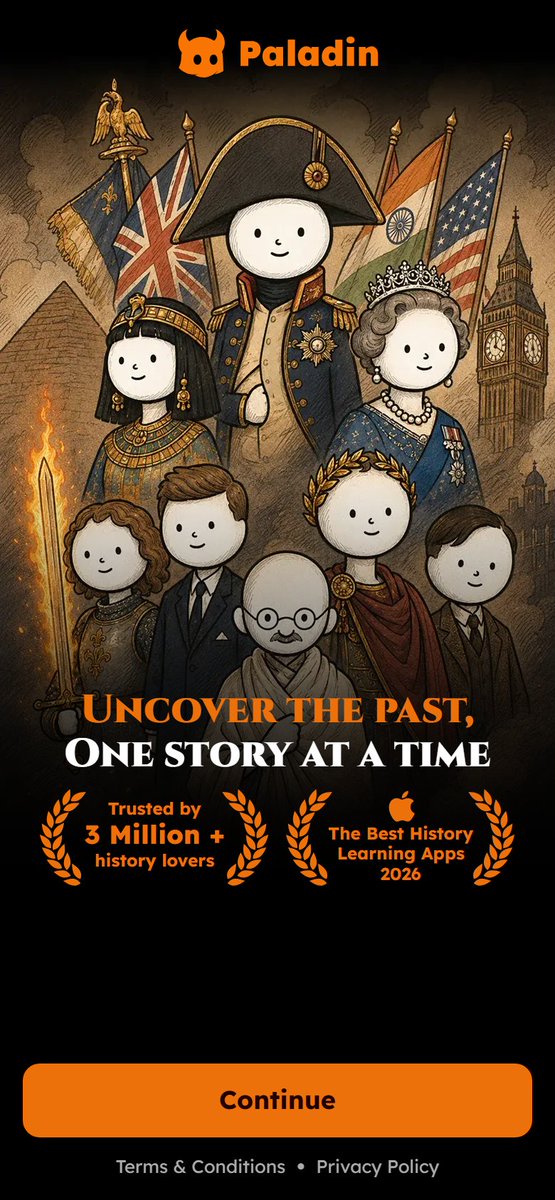 juliustraffic's tweet photo. Paladin, a history app, has ~1,400 active US ads, some live since July 9. The ad promises history in 5 minutes a day. I tapped Get started. Screen two is social proof. Screen three, the first quiz question, sells another problem: "The impact of doomscrolling depends on your age." https://t.co/7yiHQsPVt9