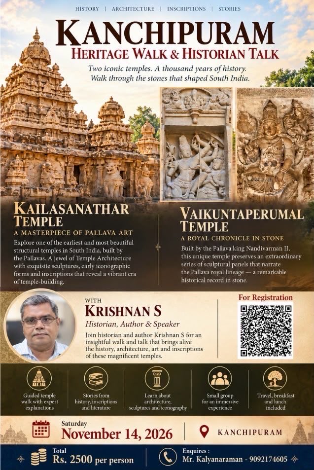 tskrishnan's tweet photo. Nearly a century after Narasimhavarman Pallava’s victory at Vatapi, Chalukya Vikramaditya II marched towards Kanchipuram to avenge the defeat. With the Pallavas embroiled in a civil war, his conquest was made easier.

But the splendour of Kanchi and the magnificent Kailasanathar temple left him awestruck. Instead of destroying the city, he ordered that it remain unharmed, as recorded in his inscription: “Kanchim avinasya pravisya.”

There is an inscription about this in Kanchipuram Kailasanathar temple. To know about this and more, join me for a heritage walk in the sacred place. Registration link below : 

https://t.co/Wro1BwblBZ