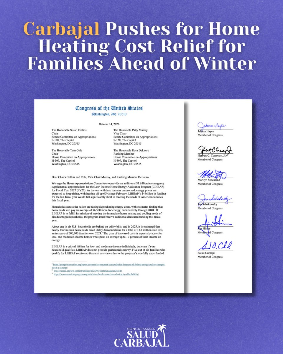 A political promotional graphic on a textured purple background. A large headline appears at the top, a signed congressional letter is shown in the center, and a representative's name and logo appear at the bottom.