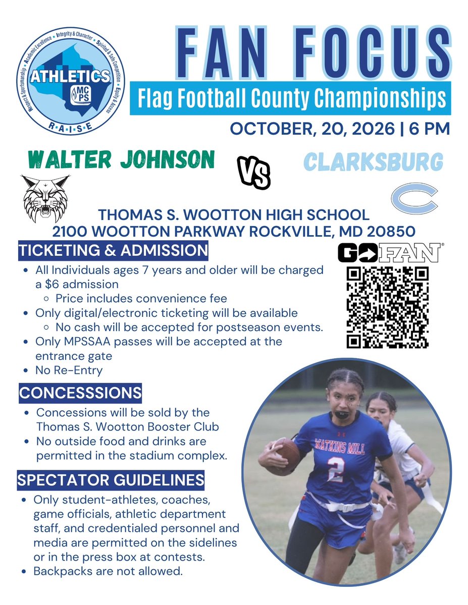 MCPSAthletics's tweet photo. 🏈🏆 IT’S CHAMPIONSHIP TIME! 🏆🏈

Walter Johnson 🆚 Clarksburg

Two teams. One county title. EVERYTHING on the line! 

Tuesday, 10/20, 6 PM at Thomas S. Wootton HS

🎟️ GET YOUR TICKETS HERE: https://t.co/UrUdNf0ZFk

Who’s taking home the crown? 👀🏆

#WeRAISE @mcpsAD @MCPS https://t.co/DsFjsOb1ZW