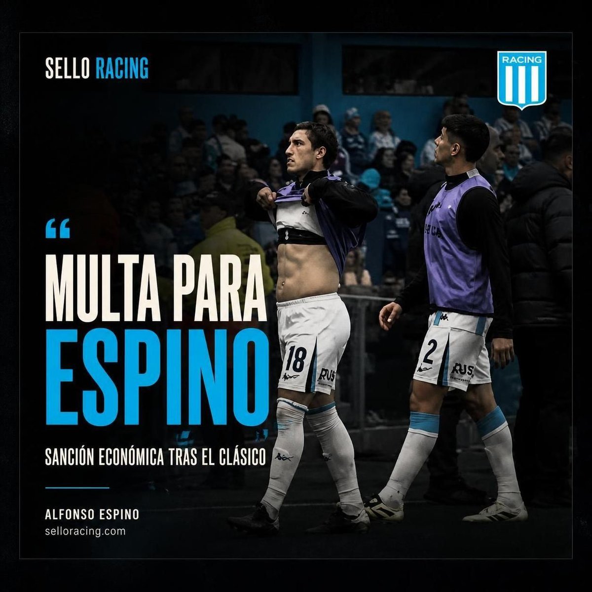SelloRacing's tweet photo. 💰 Racing decidió sancionar económicamente a Alfonso Espino

📱 El lateral uruguayo tiene contrato hasta junio de 2028 y no juega desde agosto.

📰 https://t.co/kW3kCC2u4a

#SelloRacing #RacingClub https://t.co/Z1oOYTiQYp
