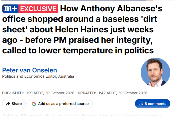 RoadknightThe's tweet photo. While the PM tells us to 'turn the heat down': 

"Anthony Albanese's office circulated a dirt sheet to journalists baselessly raising questions about Helen Haines' integrity after she criticised a $6million grant allocated to the Prime Minister's local golf course."

Does anyone have a Daily Mail subscription for the rest?

@DrewPavlou
