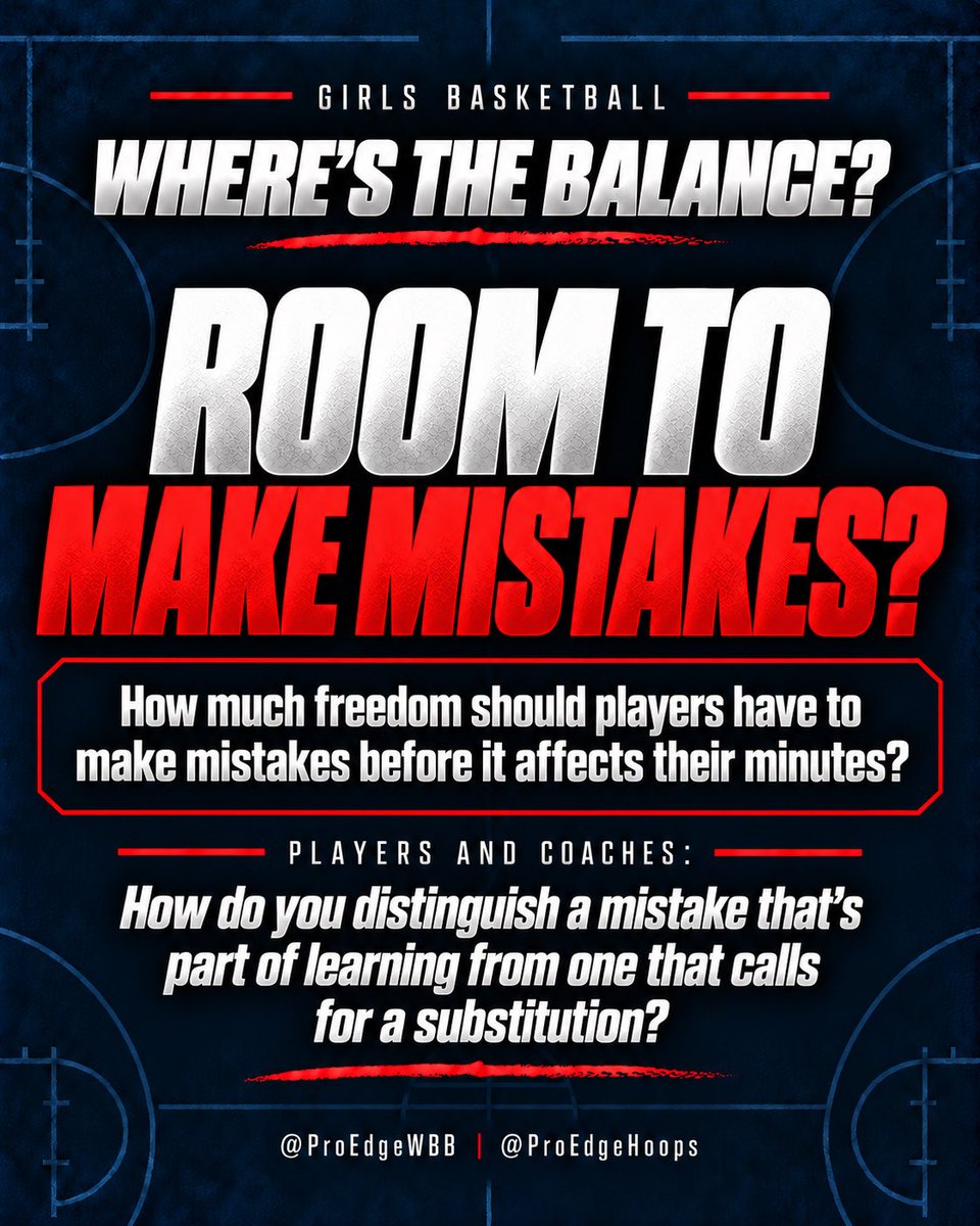 _BlakeDerrick's tweet photo. In girls basketball, how much freedom should players have to make mistakes before it affects their minutes?

Players and coaches: How do you distinguish a mistake that’s part of learning from one that calls for a substitution?

@ProEdgeWBB | @ProEdgeHoops https://t.co/91Z4zPCB7i