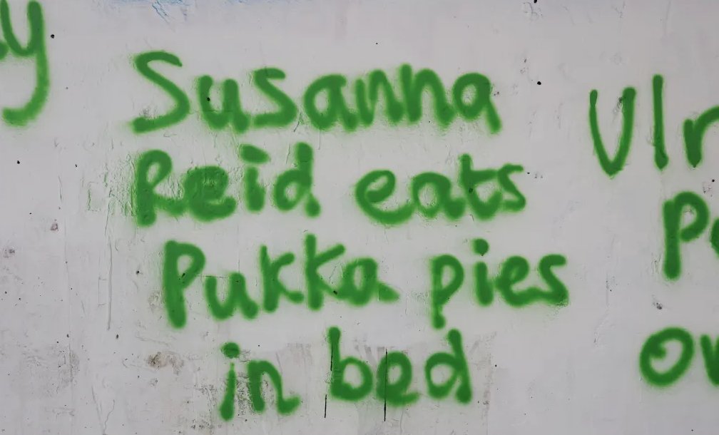 TheGNPE's tweet photo. Town plastered with insulting celebrity graffiti leaving locals bewildered

Walls in West Denton near Newcastle were covered in bizarre claims including Lorraine Kelly is barred from Wetherspoons for stealing cutlery, Danny Dyer smokes Parma Violet vapes, Rita Ora has the Lidl Plus app and Jade Thirlwall buys makeup from Poundland.

The messages kept reappearing after the council painted over them. 

A 33 year old man was later arrested, admitted the criminal damage and was referred for an out of court disposal. Northumbria Police said the behaviour is completely unacceptable.

(more pics in comments)