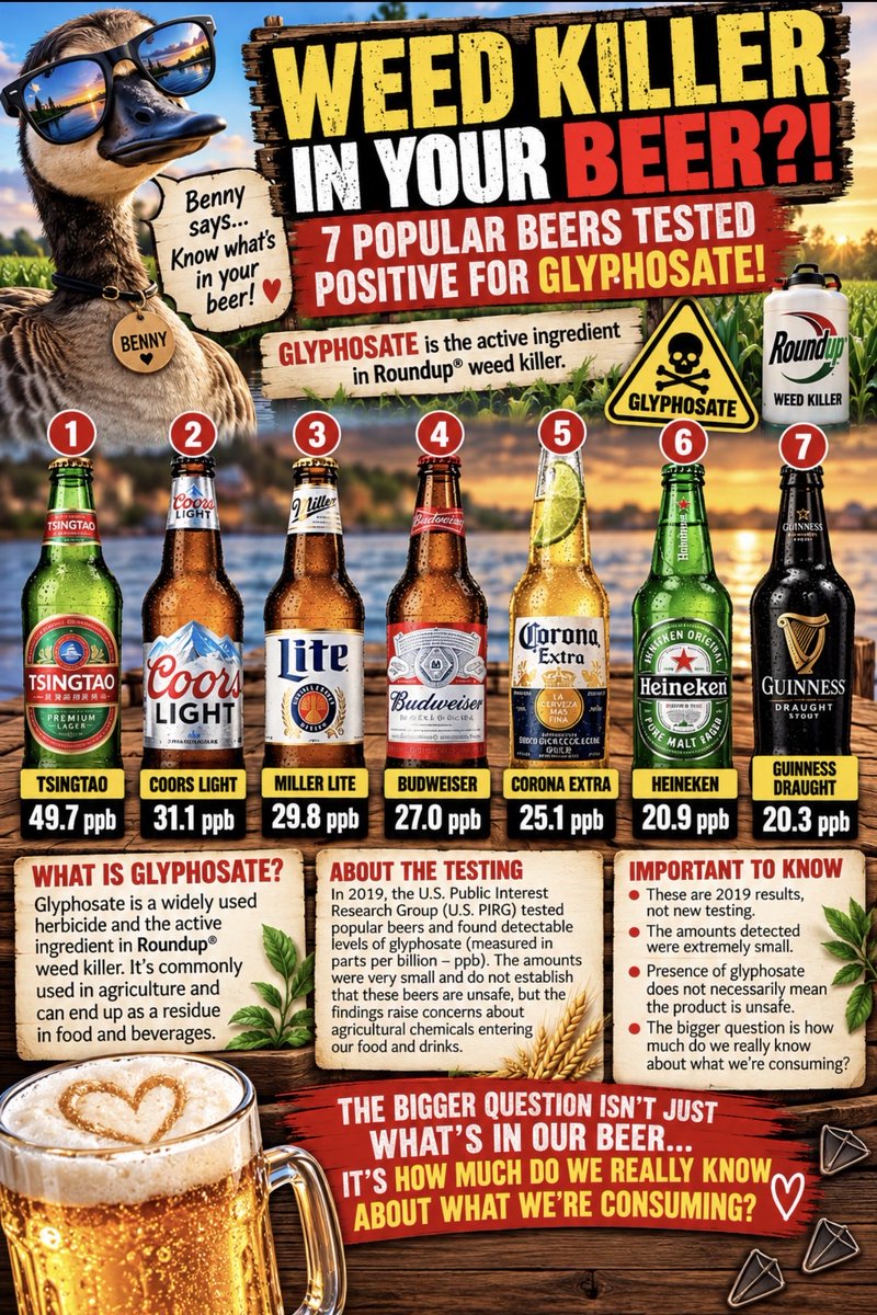 Reneefit97's tweet photo. 🚨 WEED KILLER IN YOUR BEER?!

7 POPULAR BEERS TESTED POSITIVE FOR GLYPHOSATE!

In 2019, testing by U.S. PIRG detected glyphosate, the active ingredient in Roundup weed killer, in several well-known beers. https://t.co/XDVErfT91S