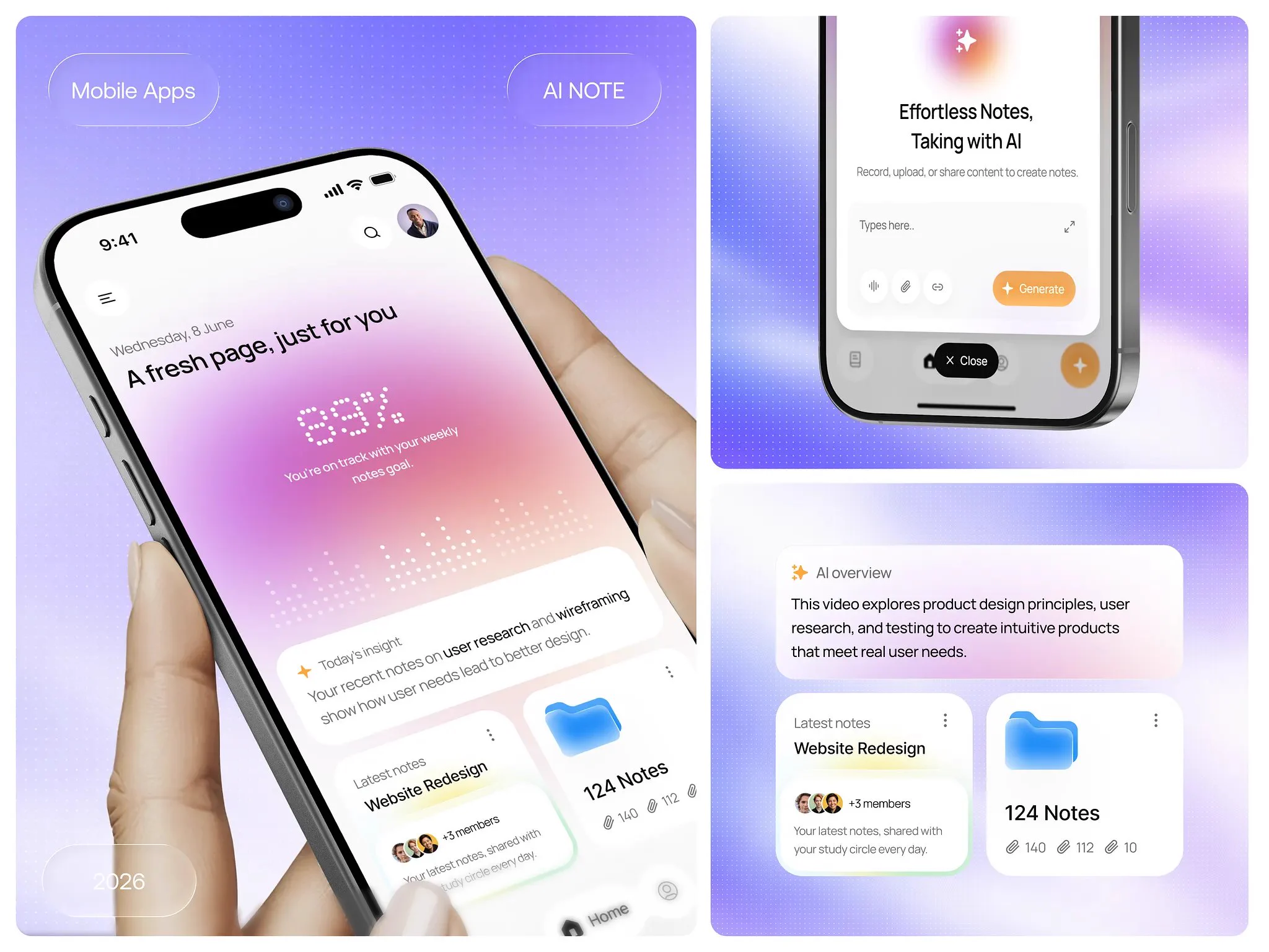 AI 노트 모바일 앱 — 그라데이션 홈과 카드 위젯 쇼케이스