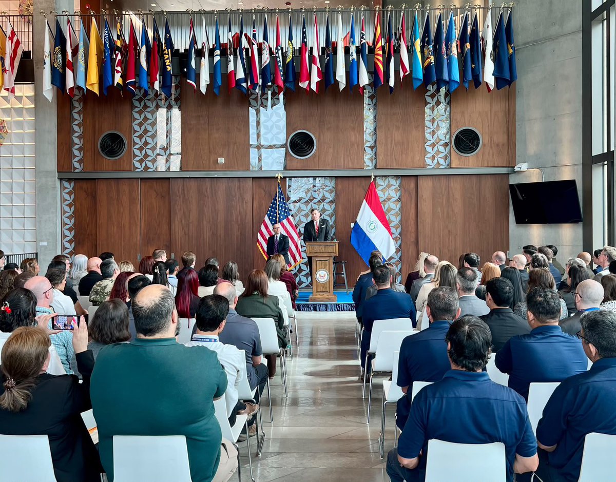 DeputySecState's tweet photo. For 5 years of my life (ages 8-13), my home address was 1776 Avenida Mariscal López, the US Embassy in Asunción, Paraguay.  It was very moving to return to that address today as Deputy Secretary of State. The iconic midcentury house I grew up in was demolished several years ago and replaced with a much larger modern Embassy office building so it was disorienting to address the Embassy staff on the site of what had been my childhood home. I was touched that they gave me a small piece of stone from the original Embassy staircase—the very stairs my father walked up almost every day on his way to work during those five years. 🇺🇸🤝🇵🇾