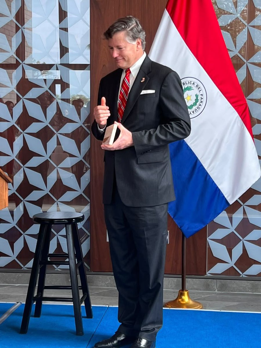 DeputySecState's tweet photo. For 5 years of my life (ages 8-13), my home address was 1776 Avenida Mariscal López, the US Embassy in Asunción, Paraguay.  It was very moving to return to that address today as Deputy Secretary of State. The iconic midcentury house I grew up in was demolished several years ago and replaced with a much larger modern Embassy office building so it was disorienting to address the Embassy staff on the site of what had been my childhood home. I was touched that they gave me a small piece of stone from the original Embassy staircase—the very stairs my father walked up almost every day on his way to work during those five years. 🇺🇸🤝🇵🇾
