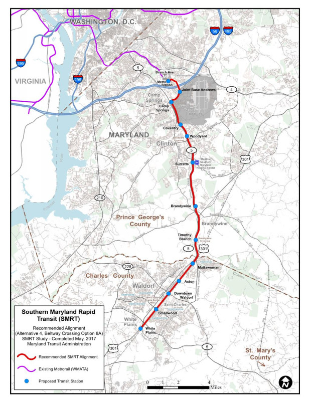 TODNewsHub's tweet photo. Southern Maryland could finally get the rail connection it has needed for decades.

The proposed SMRT light rail line would connect Waldorf to Metro’s Green Line at Branch Avenue with:

• 18.7 miles of rail
• 13 stations
• Stops at Joint Base Andrews and Southern Maryland Hospital
• Service through Prince George’s and Charles counties

The corridor was projected to reach nearly 550,000 residents by 2040, while Charles County commuters already spend hundreds of hours every year traveling to and from work.

This region is growing. Its transit system should grow with it.
