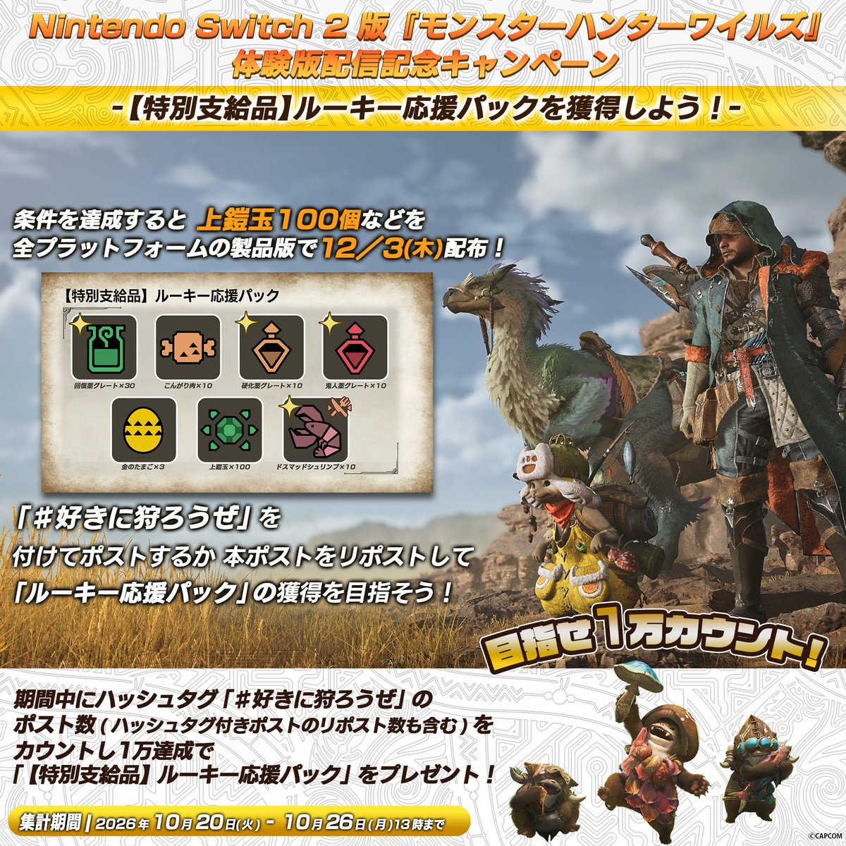 MH_Wilds's tweet photo. #NintendoSwitch2 版『#モンハンワイルズ』体験版配信記念キャンペーン
 
【特別支給品】ルーキー応援パックを獲得しよう！
目標1万カウントをクリアすることで、防具を強化するために欠かせないアイテム「上鎧玉」100個を含む「【特別支給品】ルーキー応援パック」が、全プラットフォームの製品版にてゲーム内のログインボーナスで配布決定！

【参加方法】
①本アカウント（@MH_Wilds） をフォロー
②本ポストをリポスト もしくは「#好きに狩ろうぜ」を付けポスト
 
キャンペーン詳細はこちら
https://t.co/ltjYlXVKtn
#MHWilds
 
※下記モンスターハンターグローバルアカウントでも同企画を実施し、すべてのポスト数を合算いたします。
Monster Hunter（@monsterhunter）、Capcom Asia（@CapcomAsia）、Capcom Australia（@CapcomAustralia）