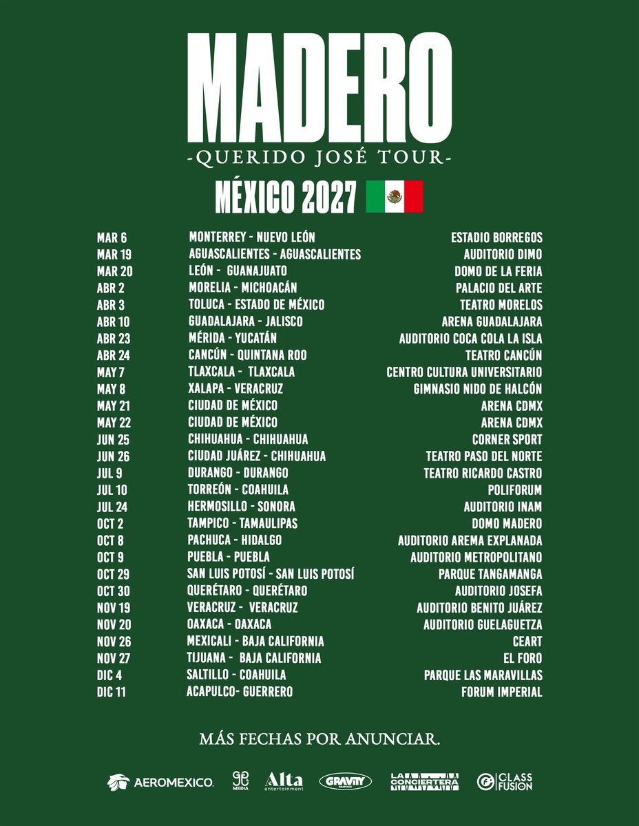 ClassMusic's tweet photo. QUERIDO JOSÉ TOUR México
2027

Venta general de boletos el domingo 15 de novimebre a las 12pm (Cdmx)

Se estarán sumando más fechas con el tiempo, no teman.

Nos vemos en el show!

PD. Anunciaremos pronto el Querido Internacional https://t.co/1LFh3MvKv1