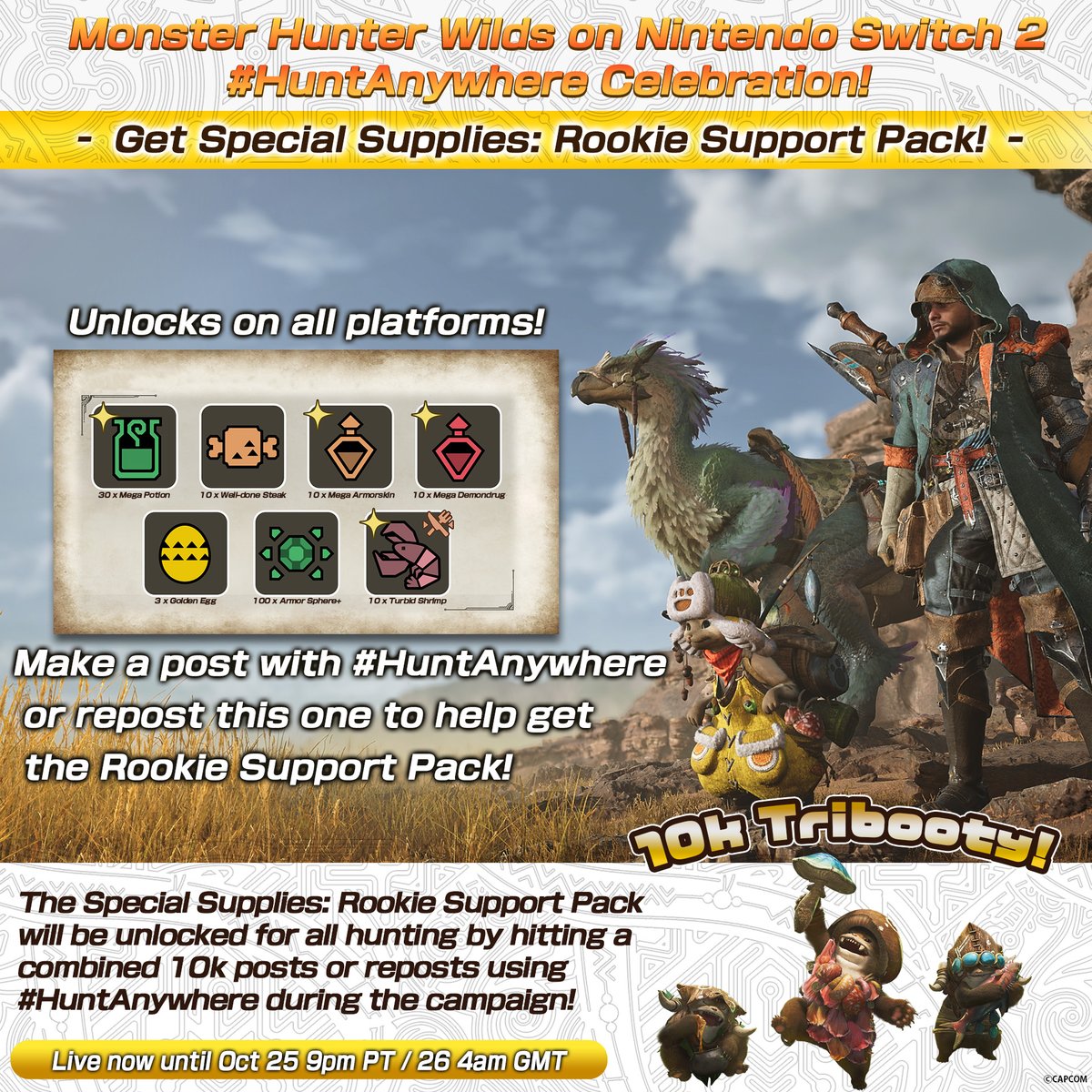 monsterhunter's tweet photo. Hunters, the Guild has a quest for you to support new hunters coming to #MHWilds when it launches on Nintendo Switch 2, Dec 4!
 
Help unlock the Rookie Support Pack for all hunters across all platforms by doing the following:
 
1️⃣ Repost this post
2️⃣ Make a post using #HuntAnywhere