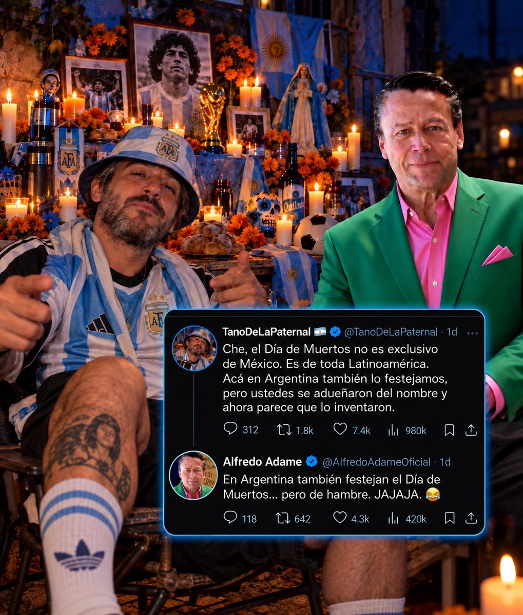 BorrachosVIP's tweet photo. ¡Ahora resulta que todos quieren adjudicarse el Día de Muertos! 💀😂

Primero Perú y ahora Argentina se apunta a la lista. 🇵🇪🇦🇷

Pero apareció el sensei Alfredo Adame y con una sola respuesta dejó tremenda papeada. JAJAJAJA 🤣🔥 https://t.co/fNWhZxq4gR