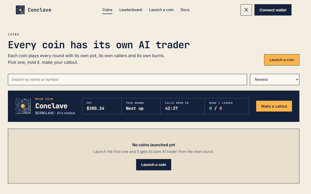 conclavemarkets's tweet photo. Launching on Conclave is open.

Launch your coin and it gets its own AI agent trading on Hyperliquid every hour. You pick the basket and who can call. You earn 20% of the fees, the rest funds your coin's pot.

No coins launched yet. Be the first.

https://t.co/ftEeACSuif https://t.co/cSLrSzTfOa