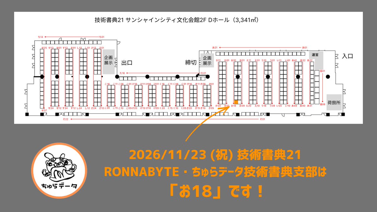 churadata's tweet photo. #技術書典 21の出展ブース位置が決まりました‼️

RONNABYTE・ちゅらデータ技術書典支部のブースは「お18」です‼️

今回は技術書ラインナップが大幅パワーアップ🔥執筆メンバーも会場に立つので、11/23 (祝)は会場でぜひ直接お話ししましょう🤝 https://t.co/SyjRuEtSzw