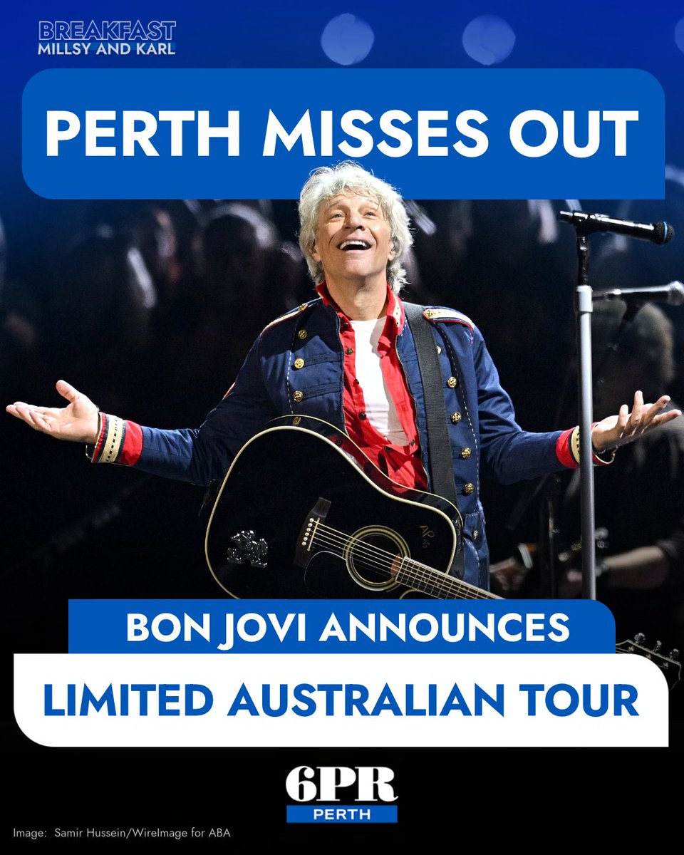 6PR's tweet photo. Bon Jovi is heading to Australia, but Perth missed out on the limited 7-city global tour. Entertainment reporter Peter Ford suggests vocal health may be the reason. 
Click the link to hear about the tour announcement ▶️ https://t.co/7kN4rLCYRw https://t.co/0LneTwd3my